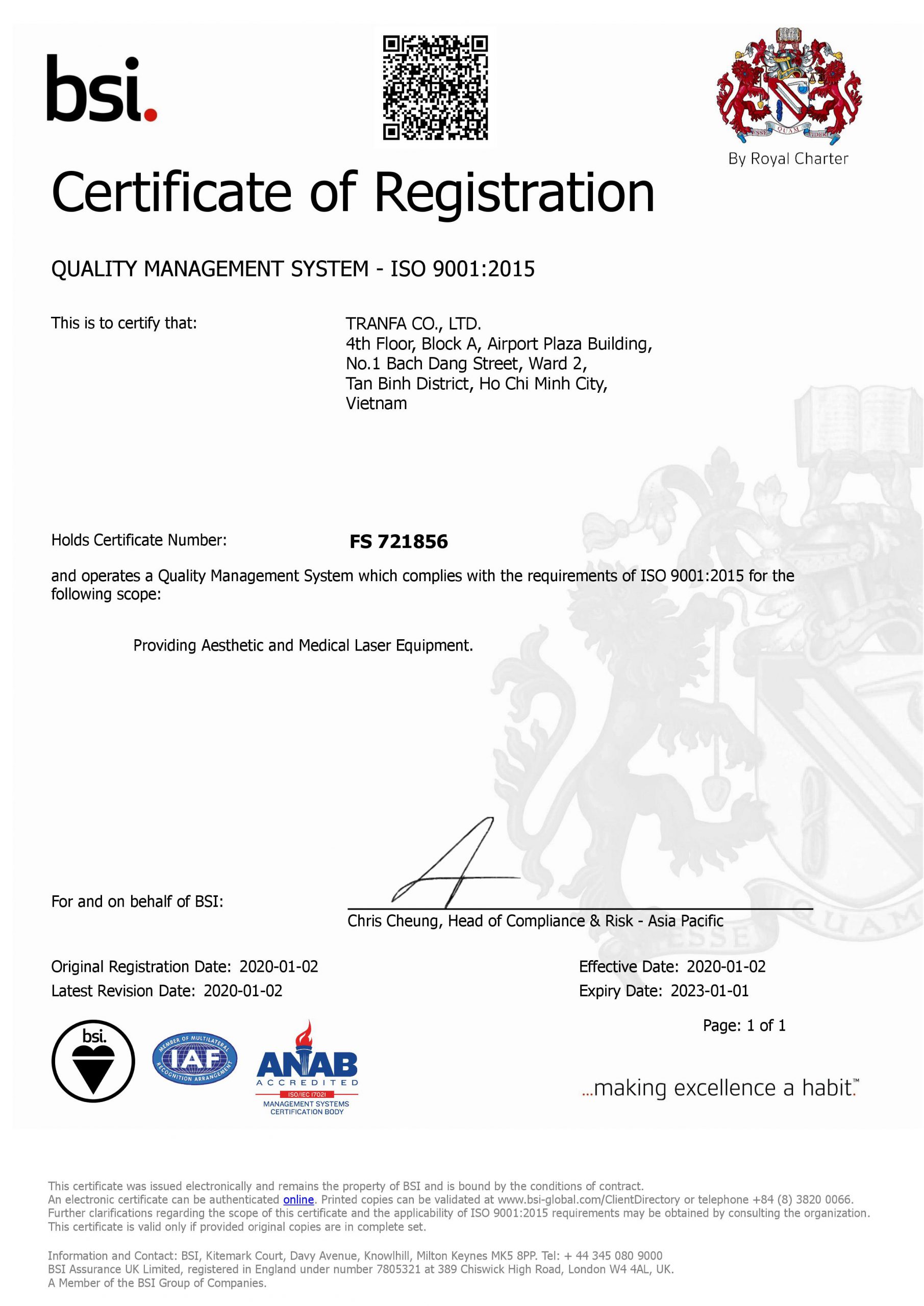 tranfa đạt chứng nhận iso 9001:2015